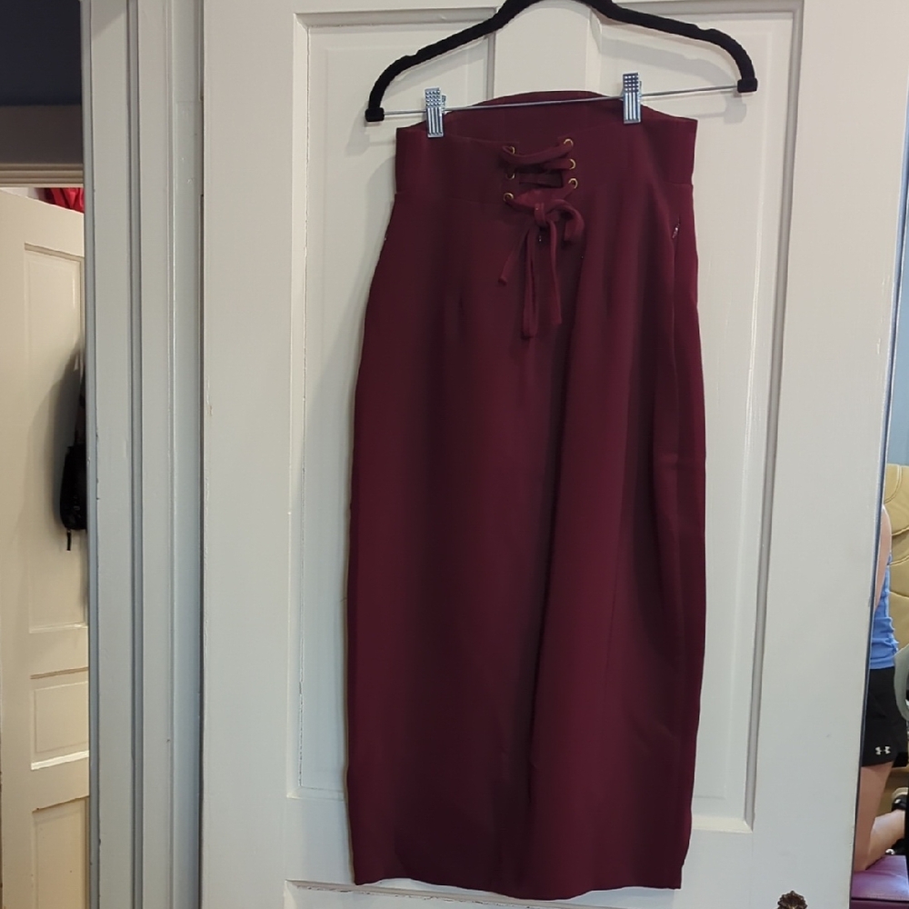 Andrea Iyamah Burgundy Lace-Up High-Waist Pencil Skirt